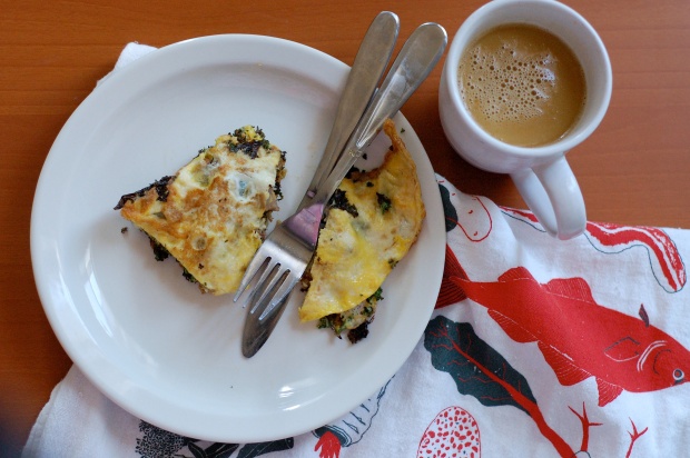 Crispy Kale & Sausage Omelette with Vanilla Buttered Coffee